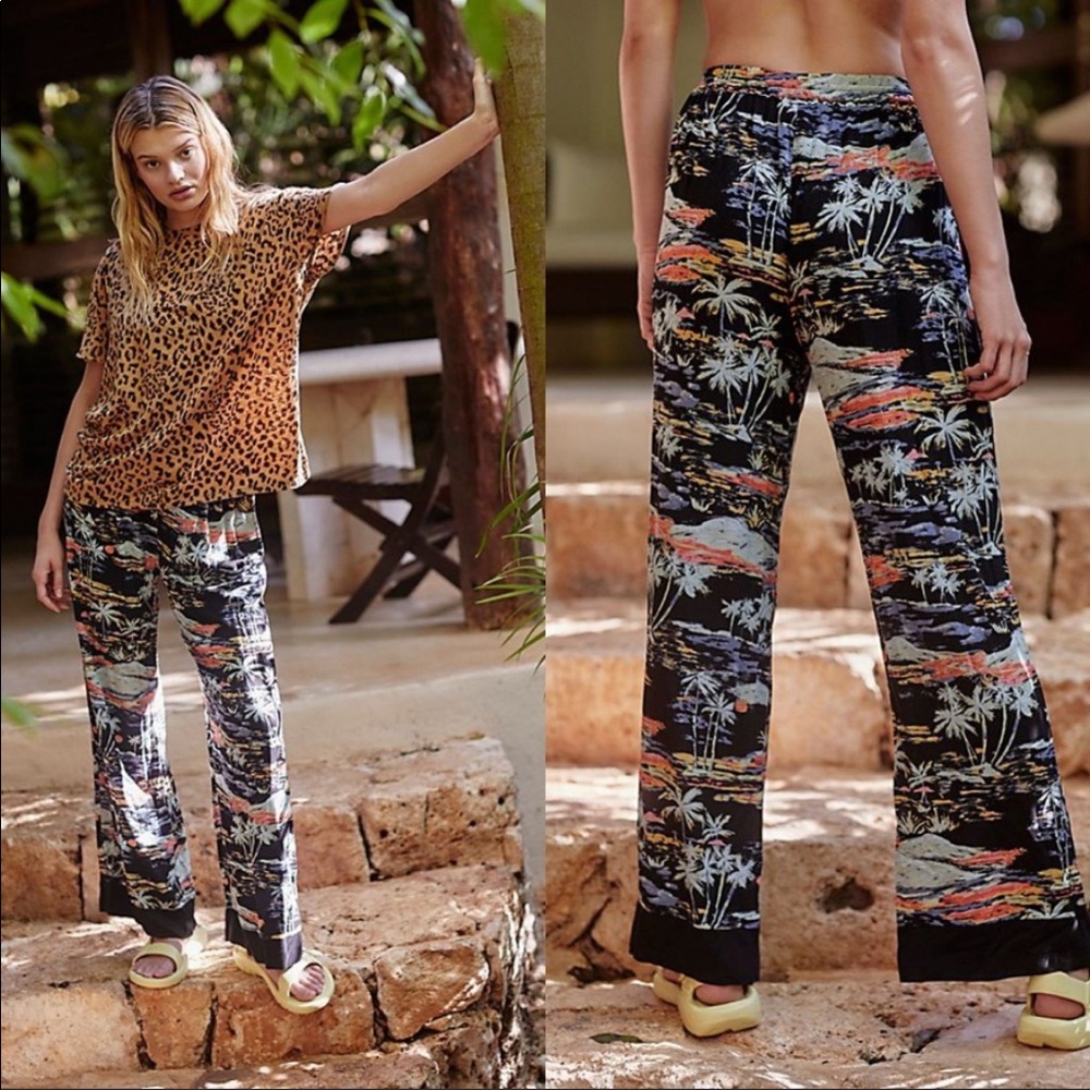 Free People Blue Lagoon Palazzo Tropical Pants Multicolor Wide Leg Medium - Picture 3 of 16